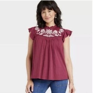 Knox Rose Floral Embroidered Rear Tie Peasant Blouse Women S Red